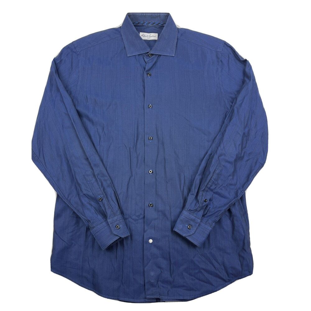Robert Graham Mens Blue Herringbone Pattern Long Sleeve Dress Shirt Size 42 16.5